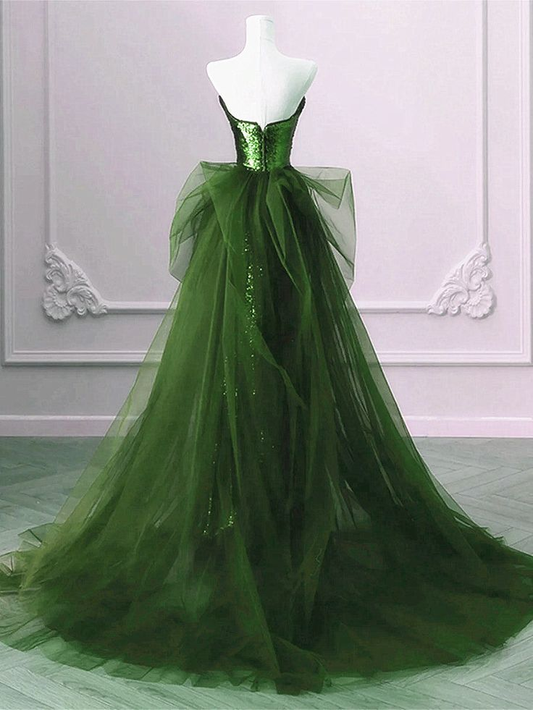 Robe de soirée longue verte bustier à paillettes style sirène MD7405