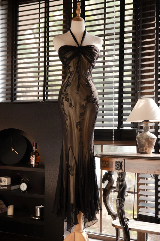 Vintage Neckholder Meerjungfrau Perlenbesetztes langes Partykleid Abendkleid, D946