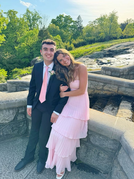 Robe de soirée longue rose bustier coupe trapèze en mousseline de soie à volants MD7313