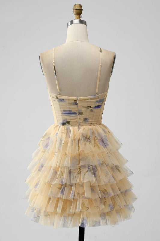 Robe de soirée trapèze à bretelles fines et volants, motif floral jaune vintage, D1355