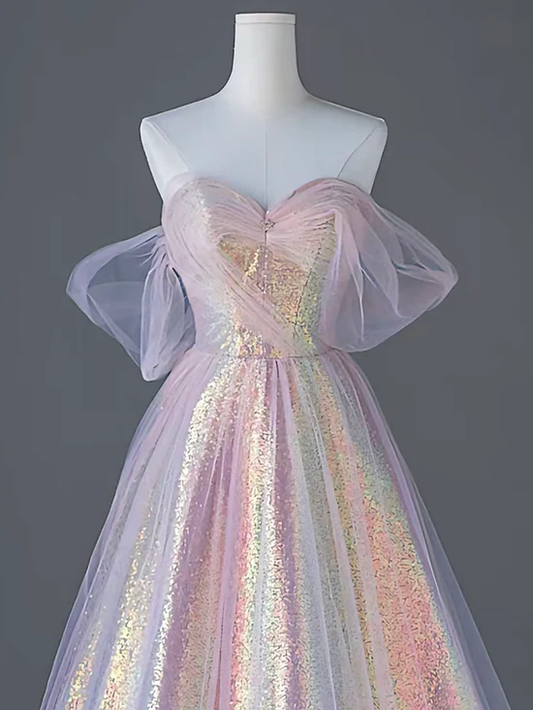 Robe de soirée longue rose à épaules dénudées et paillettes, coupe trapèze, MD7406