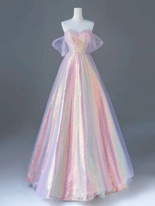 Robe de soirée longue rose à épaules dénudées et paillettes, coupe trapèze, MD7406