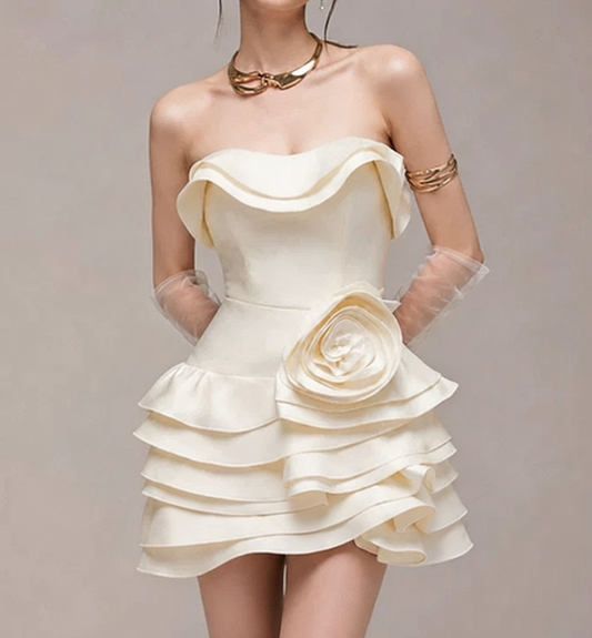 Charming Homecoming Dress Off the Shoulder Cascade Pleated Flower Back to School Outfits Party Dress D7379