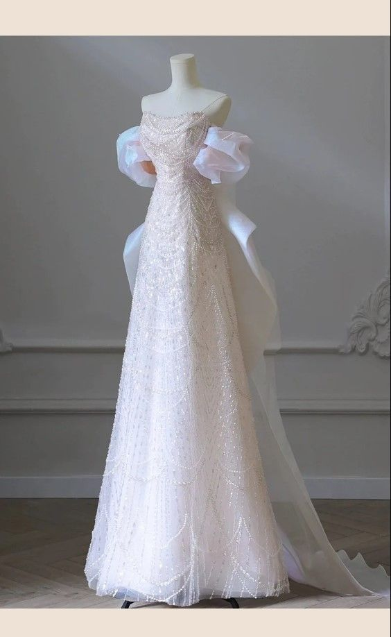 Robe de soirée longue rose clair à épaules dénudées et paillettes, coupe trapèze, MD7407