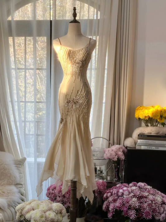 Vintage Elfenbein Spaghettiträger Meerjungfrau Perlen Langes Partykleid Abendkleid, D948