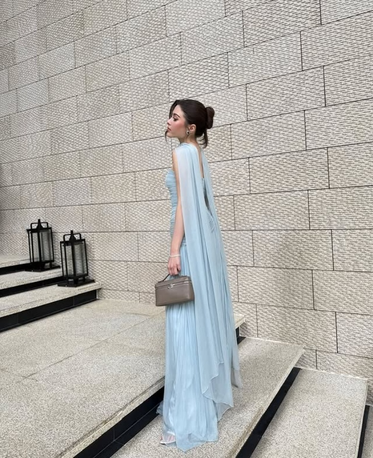 Light Blue Strapless A-Line Long Party Dresses Wedding Guest Dresses, D1173