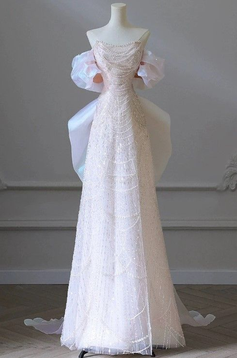 Robe de soirée longue rose clair à épaules dénudées et paillettes, coupe trapèze, MD7407