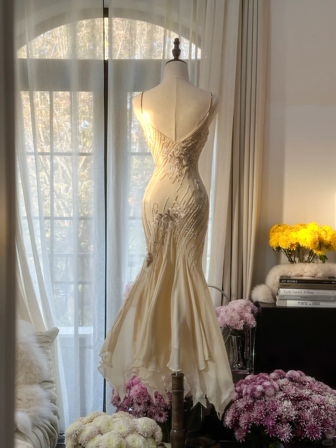 Vintage Elfenbein Spaghettiträger Meerjungfrau Perlen Langes Partykleid Abendkleid, D948