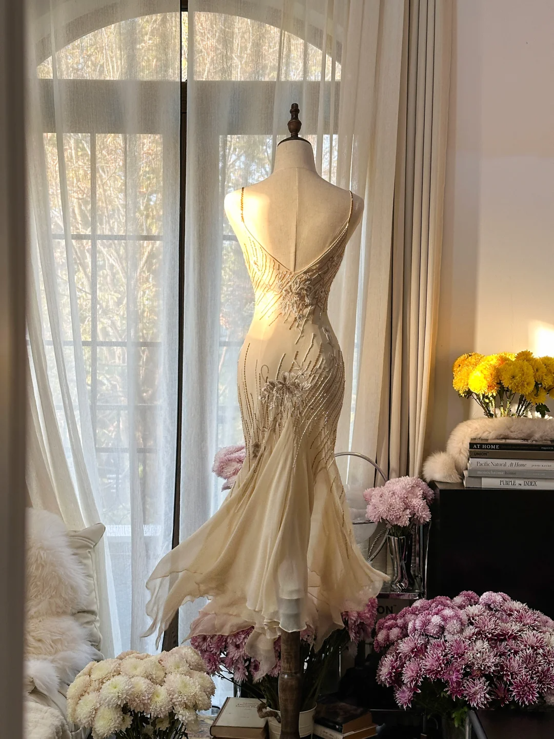 Vintage Elfenbein Spaghettiträger Meerjungfrau Perlen Langes Partykleid Abendkleid, D948