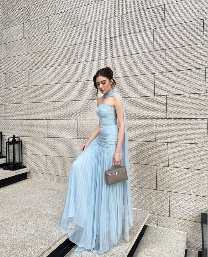 Light Blue Strapless A-Line Long Party Dresses Wedding Guest Dresses, D1173