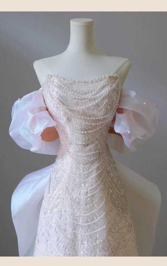 Robe de soirée longue rose clair à épaules dénudées et paillettes, coupe trapèze, MD7407