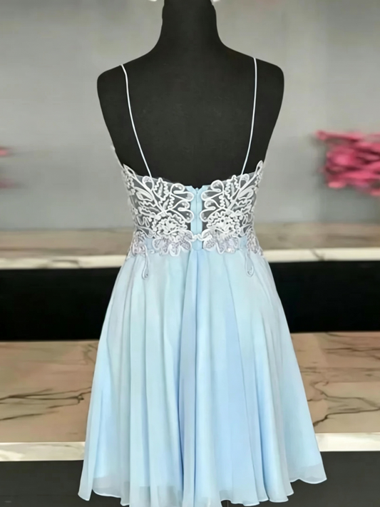 Unique Homecoming Dress Spaghetti Strap V Neck Tulle Applique Back to School Outfits Party Dress D7665