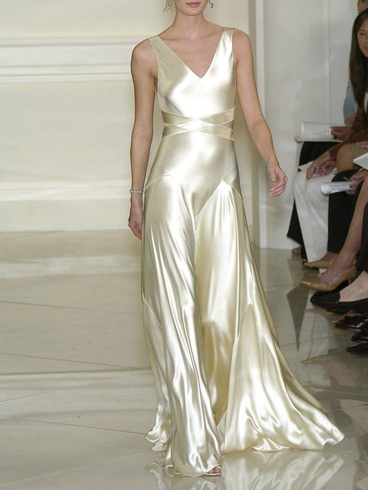 Elegantes Elfenbein V-Ausschnitt A-Linie Satin Lange Partykleider Abendkleider, D877