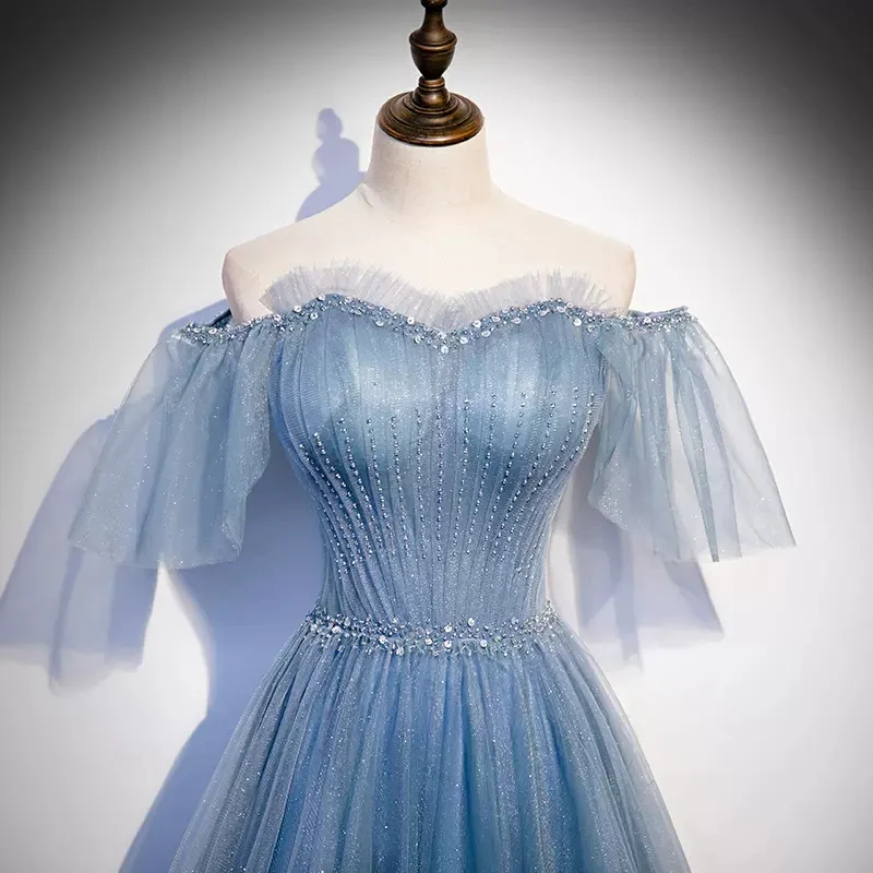Shiny Blue Off Shoulder Beading Tulle Formal Evening Gown Prom Dress MD7177