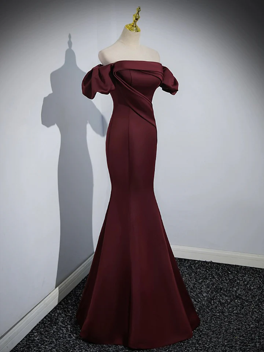 Robe de soirée sirène bordeaux en satin à épaules dénudées MD7179