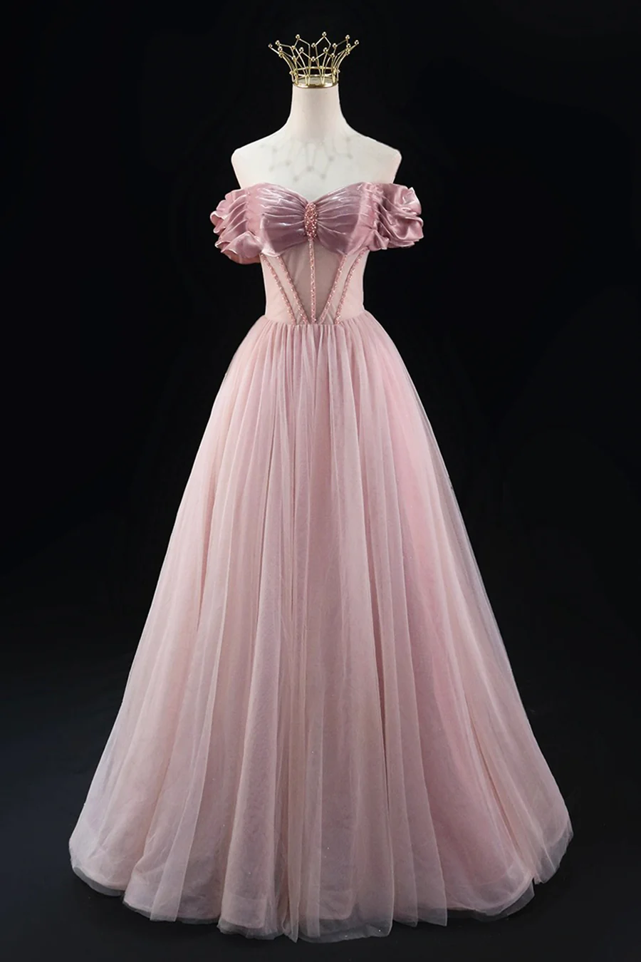 Lovely A-Line Off the Shoulder Tulle Prom Dress Evening Party Dress MD7195