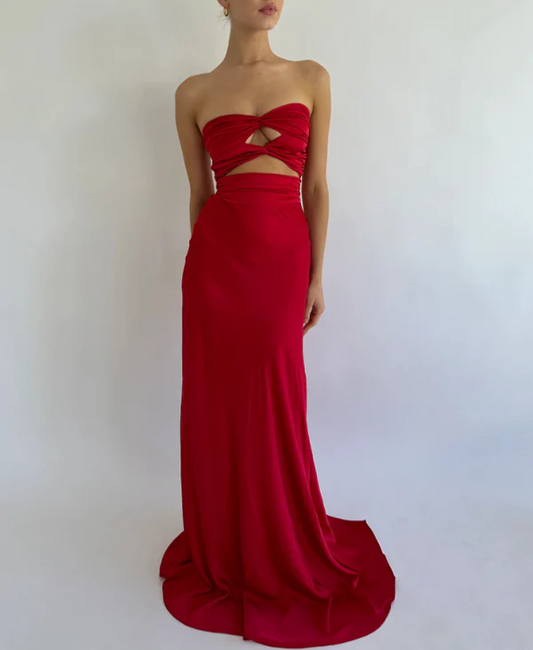 Robe de soirée longue en satin rouge simple, sans bretelles, MD7592