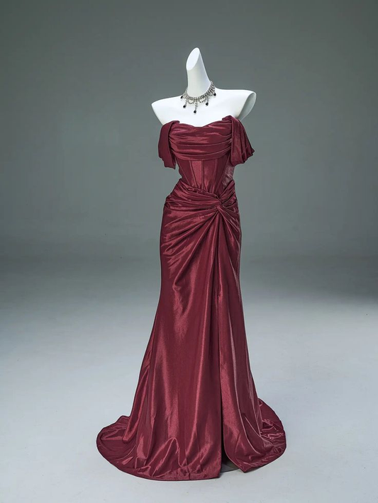 Burgunderrotes, schulterfreies Meerjungfrau-Satin-Kleid, langes formelles Abendkleid, D847