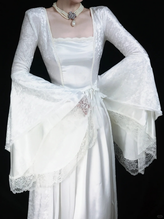 Robe de soirée longue blanche style rétro à manches longues et coupe trapèze en dentelle, D1155