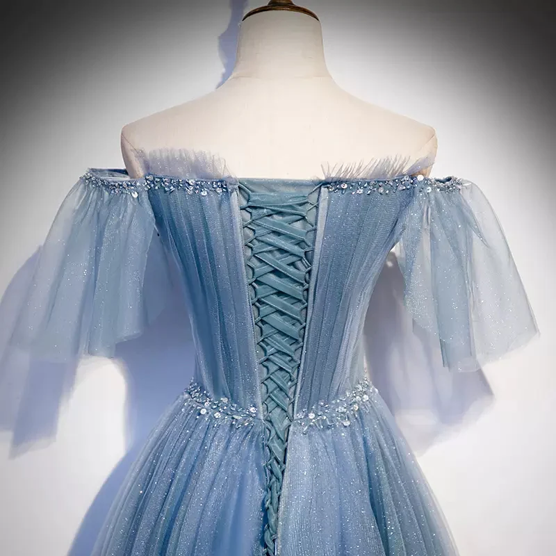 Shiny Blue Off Shoulder Beading Tulle Formal Evening Gown Prom Dress MD7177