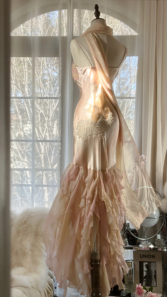 Robe de soirée sirène rose féerique à bretelles spaghetti et perles, tenue d'anniversaire, D1071