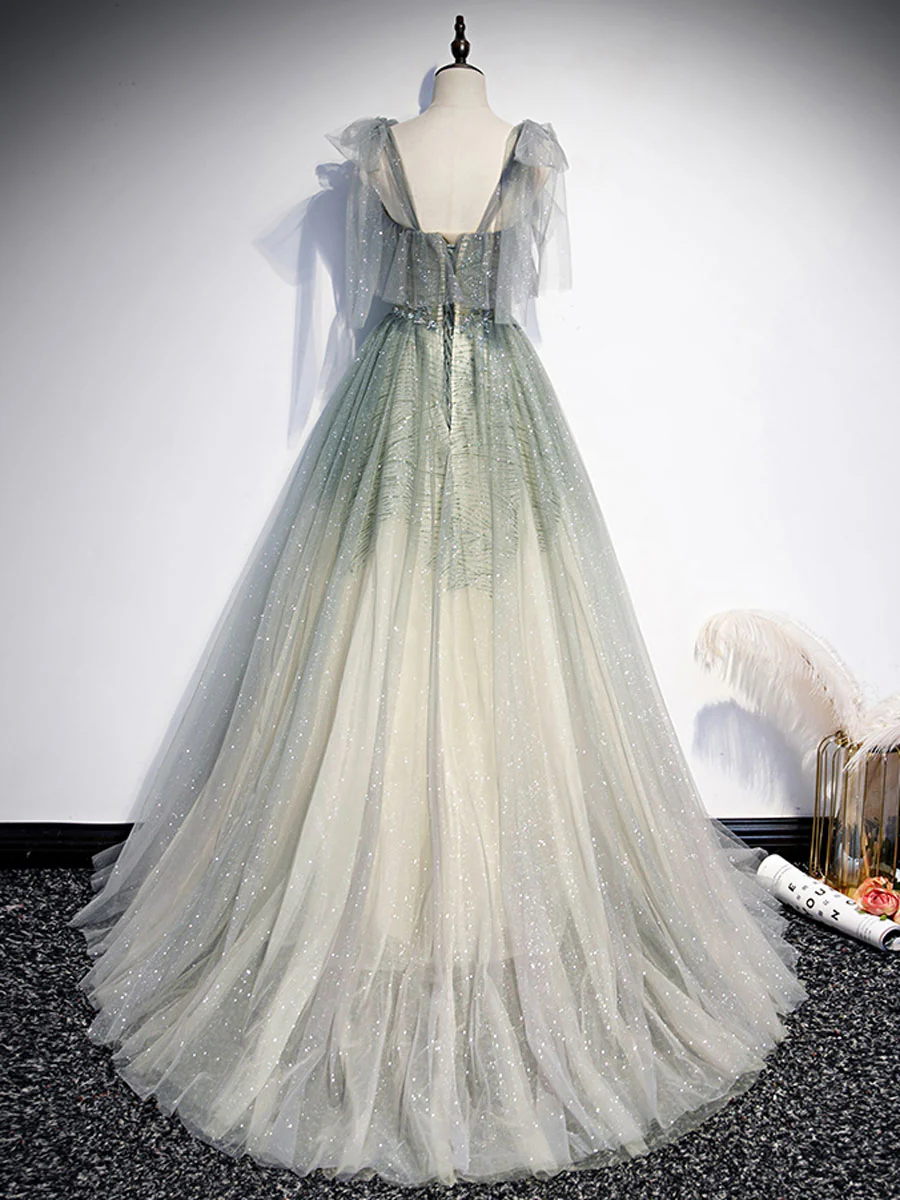 Gray Green Tulle A-Line Sequin Beads Long Prom Dress Evening Dress MD7233