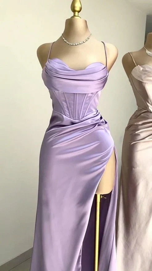 Pretty Blue Straps Sheath Satin Long Party Dress Bridesmaid Dress Evening Dress, D919