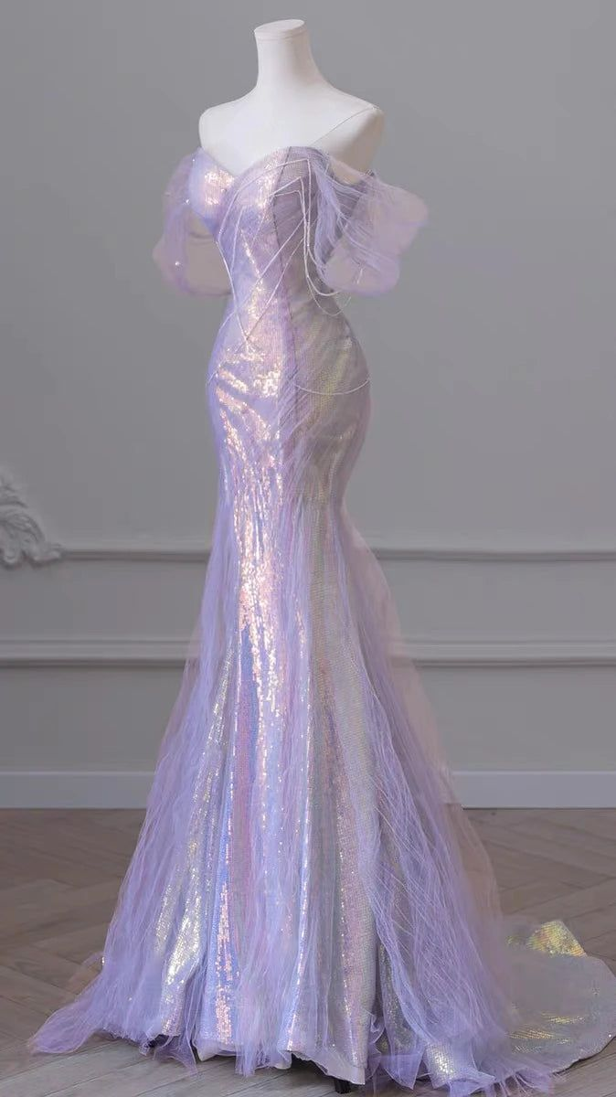 Robe de soirée longue sirène violet clair à épaules dénudées MD7523