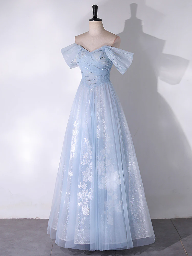 Robe de bal longue bleue en tulle et dentelle, coupe trapèze, épaules dénudées, robe de soirée longue bleue MD7231