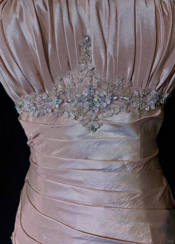 Hellrosa Träger Meerjungfrau Perlen Vintage Langes Partykleid Geburtstagsoutfits, D899