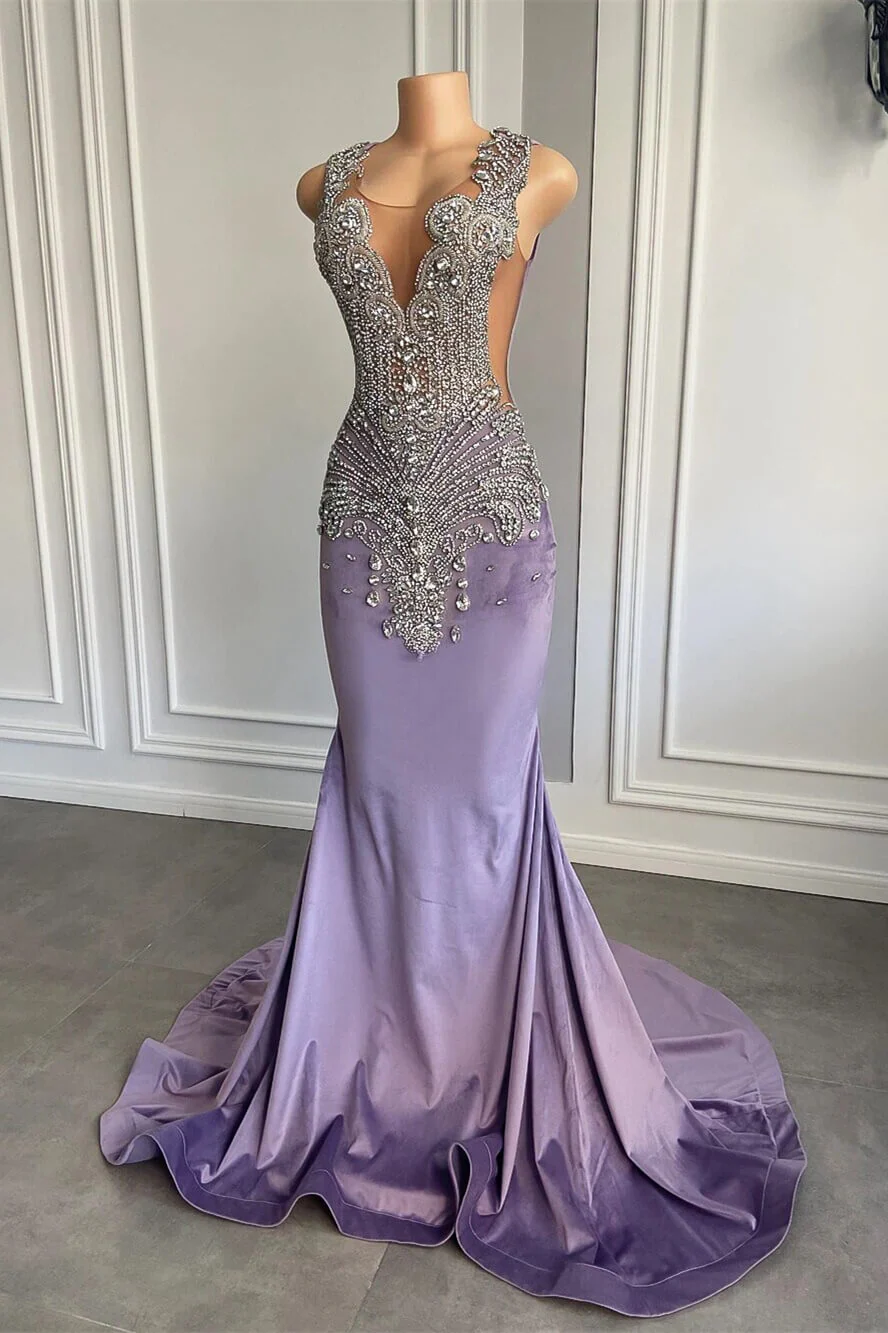 Lilac Sleeveless Mermaid Long Prom Dress with Crystal Beadings MD7253