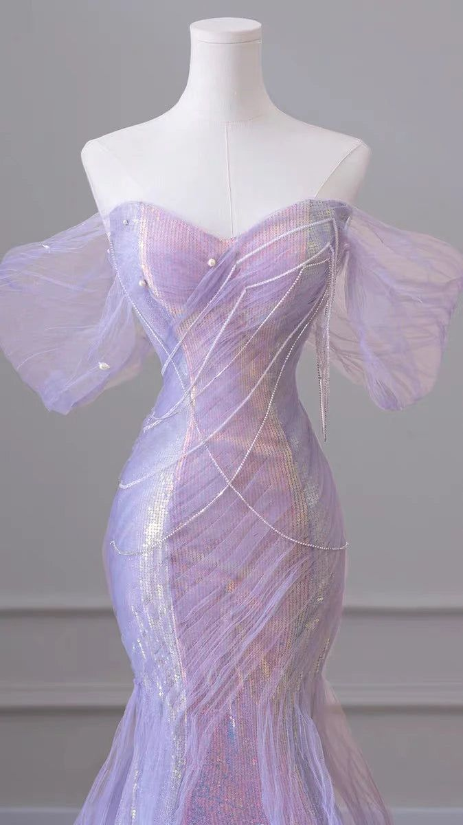 Robe de soirée longue sirène violet clair à épaules dénudées MD7523