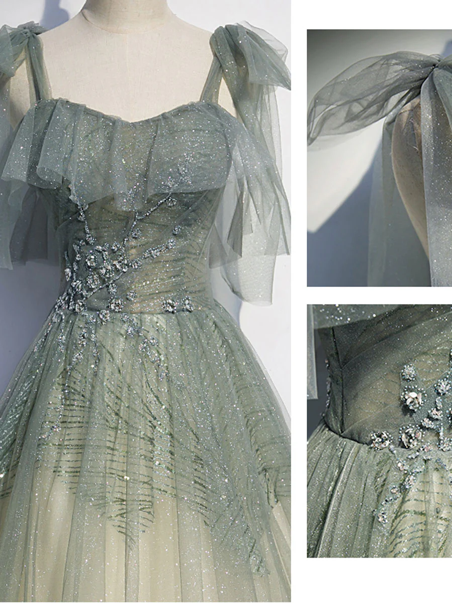 Gray Green Tulle A-Line Sequin Beads Long Prom Dress Evening Dress MD7233