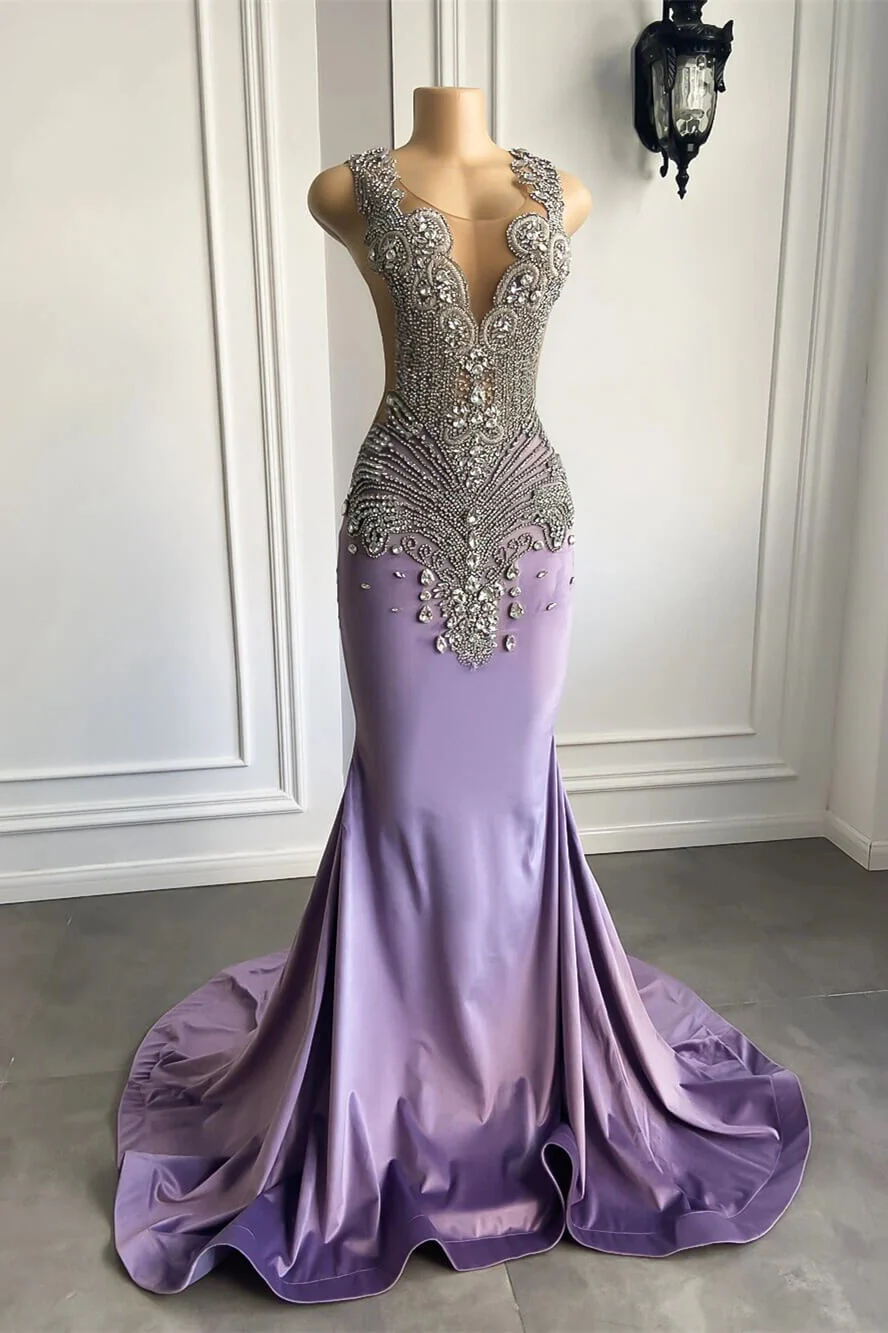 Lilac Sleeveless Mermaid Long Prom Dress with Crystal Beadings MD7253