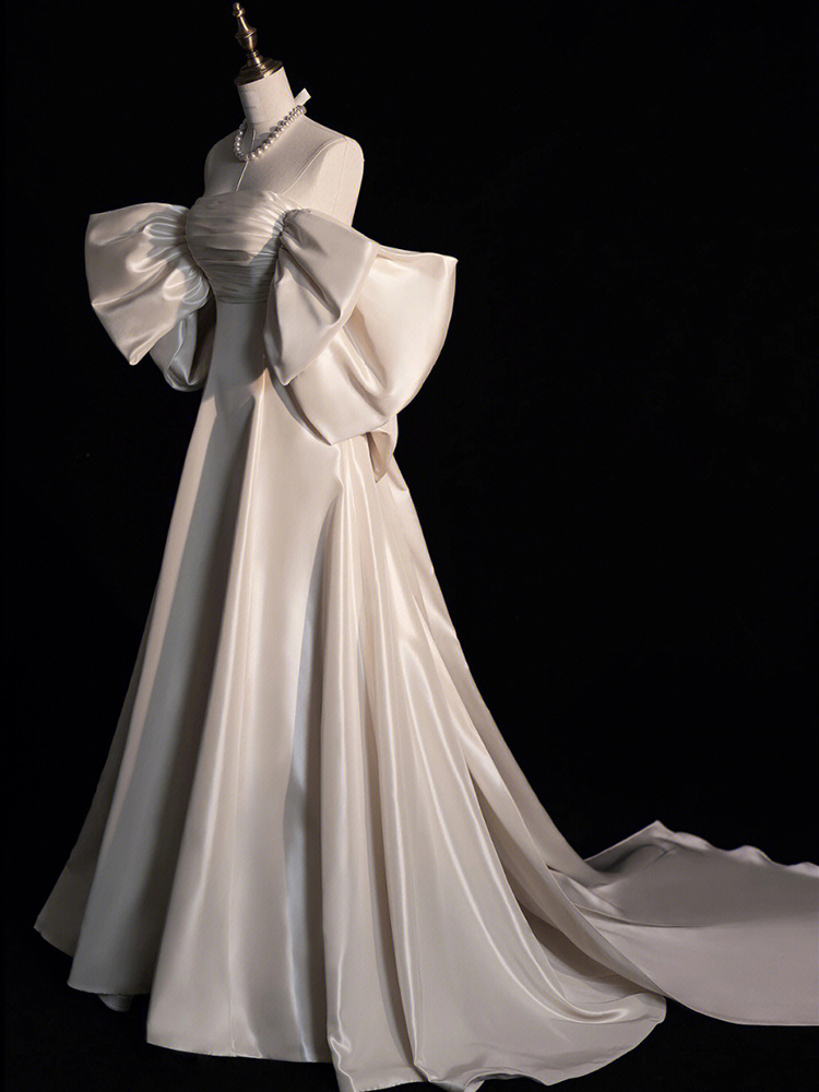 Elegant White Off Shoulder A-Line Satin Wedding Dress Birthday Gown MD7607