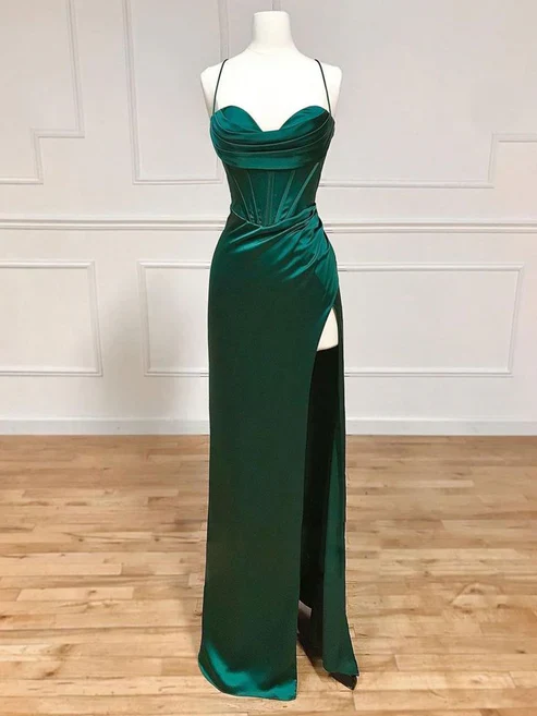 Pretty Blue Straps Sheath Satin Long Party Dress Bridesmaid Dress Evening Dress, D919