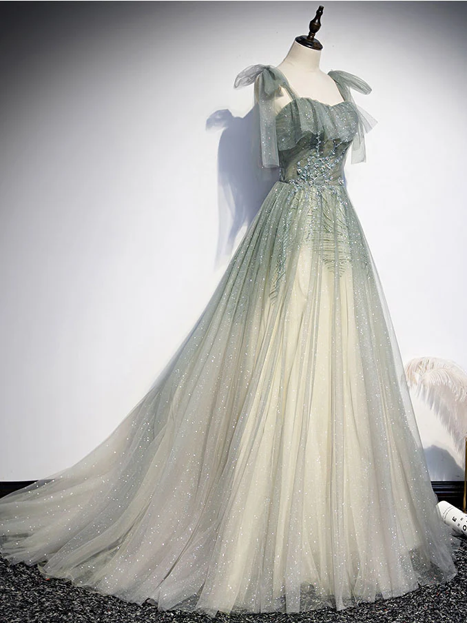 Gray Green Tulle A-Line Sequin Beads Long Prom Dress Evening Dress MD7233