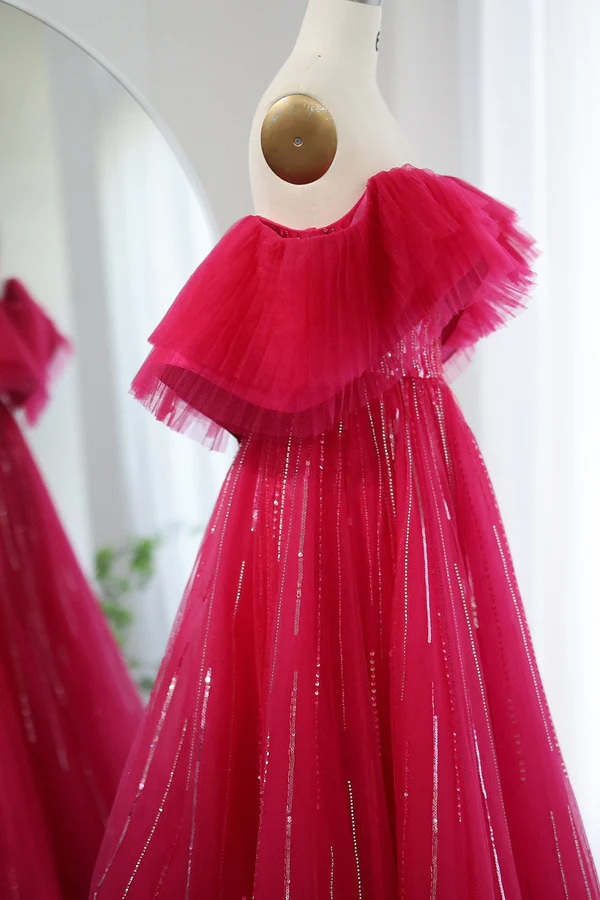 Hot Pink Off Shoulder Long Prom Dress, A Line Party Dresses With Sequin MD7222