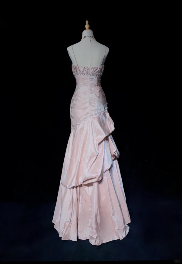 Hellrosa Träger Meerjungfrau Perlen Vintage Langes Partykleid Geburtstagsoutfits, D899