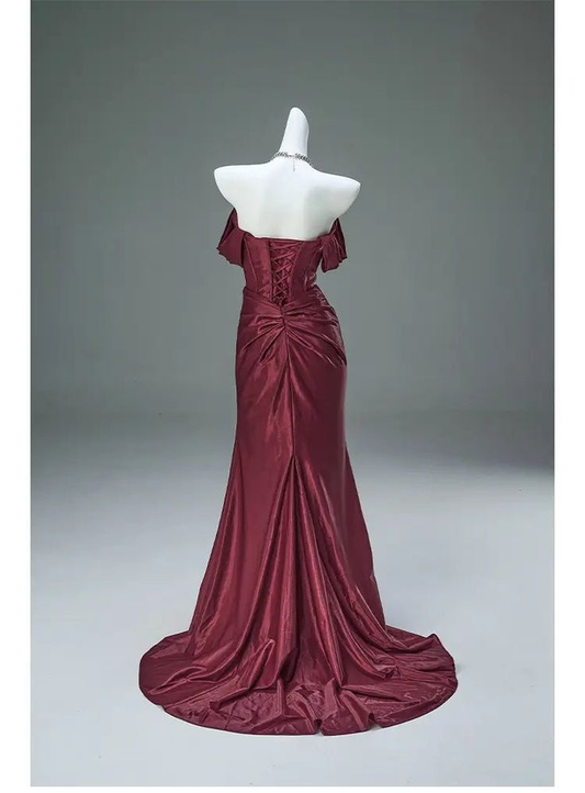 Burgunderrotes, schulterfreies Meerjungfrau-Satin-Kleid, langes formelles Abendkleid, D847