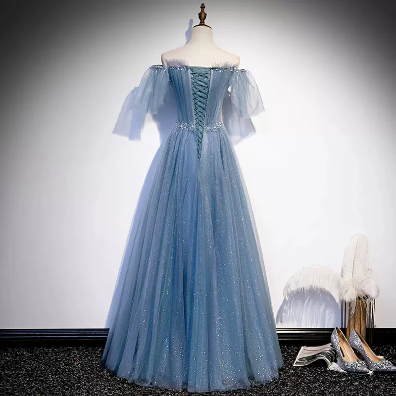 Shiny Blue Off Shoulder Beading Tulle Formal Evening Gown Prom Dress MD7177