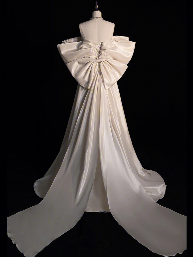 Elegant White Off Shoulder A-Line Satin Wedding Dress Birthday Gown MD7607
