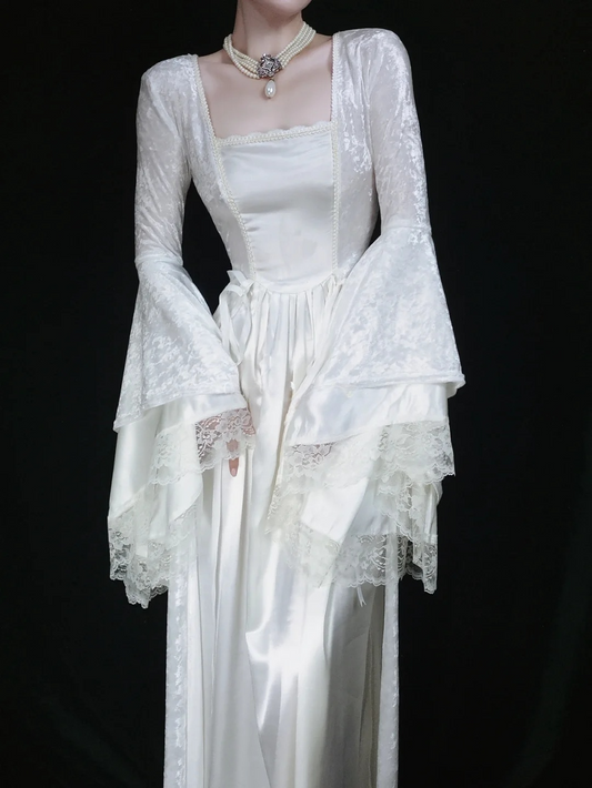 Robe de soirée longue blanche style rétro à manches longues et coupe trapèze en dentelle, D1155