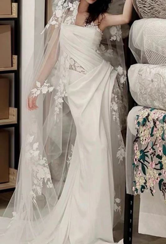 Robe de mariée trapèze élégante en dentelle blanche à bretelles, robe d'anniversaire MD7329