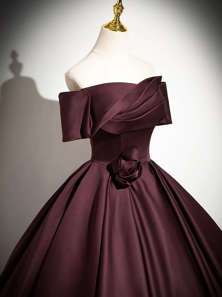 Dark Burgundy Satin Elegant A-Line Off Shoulder Evening Gown Formal Party Dress MD7178