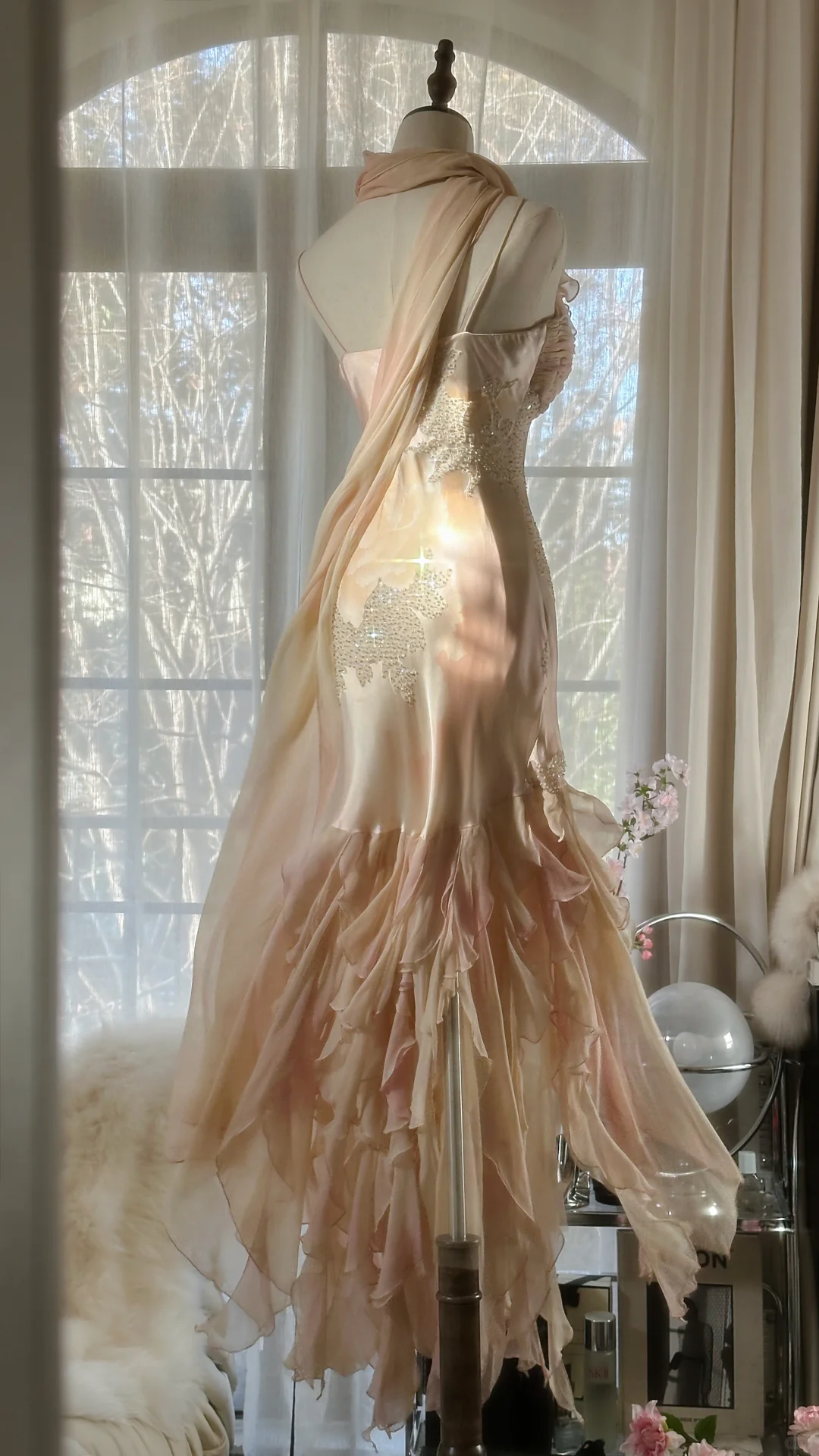 Fee Rosa Spaghettiträger Meerjungfrau Perlen Lange Abendkleider Geburtstag Outfits, D1071