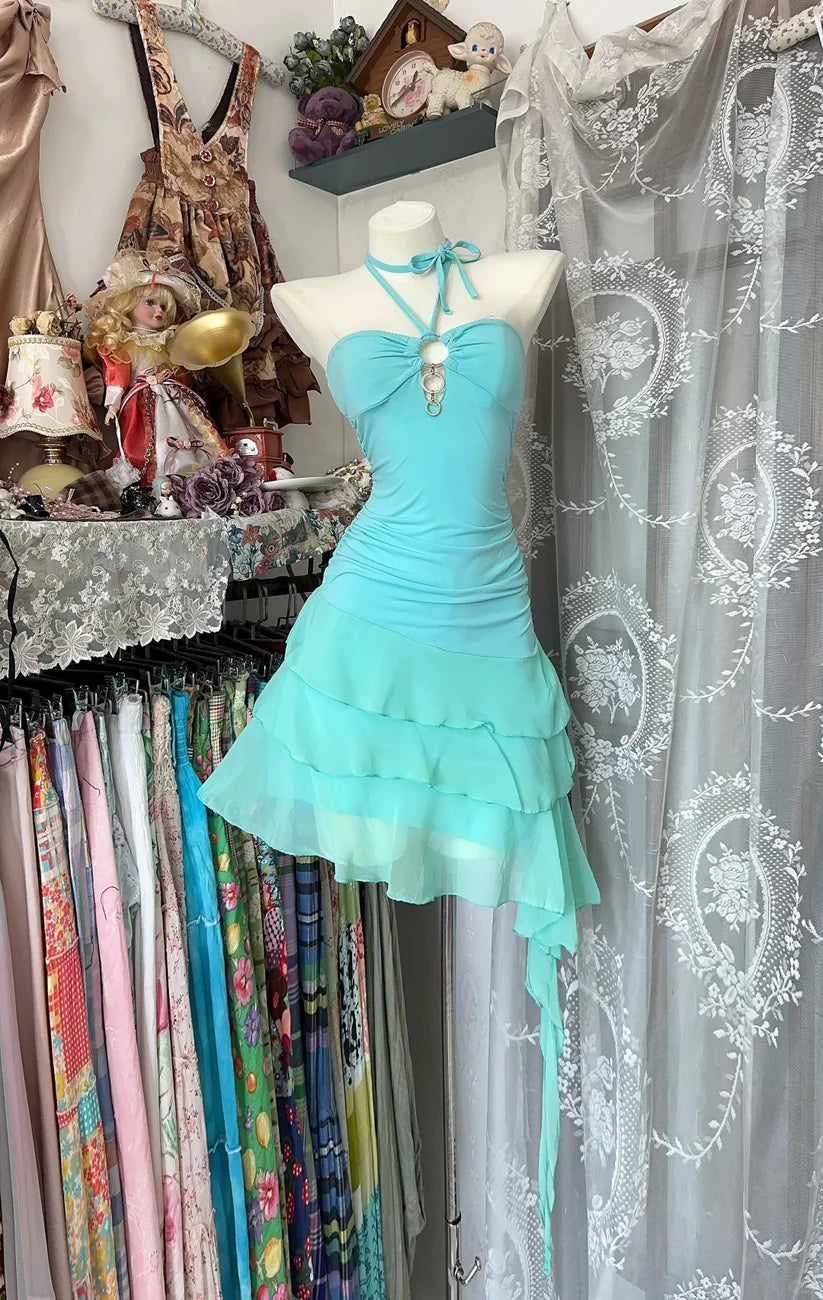 Retro Blue Sweetheart Ruffle Design A-line Chiffon Party Dress Homecoming Dress D1575