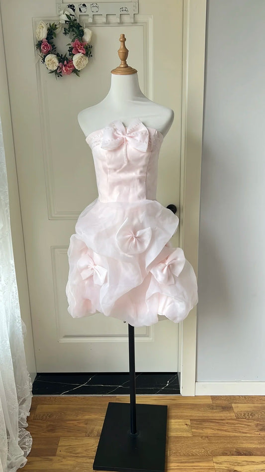 Cute Homecoming Dress Strapless Bowknot Tulle Back to School Outfits Party Dress D6467