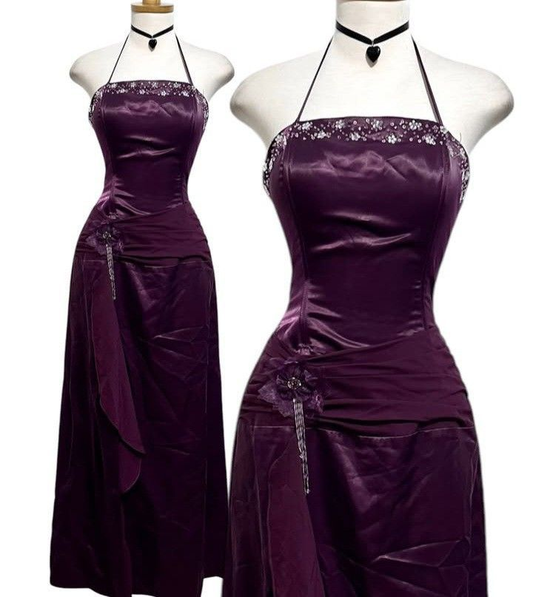 Dunkelviolettes Neckholder-Etuikleid aus Satin, langes Partykleid, Vintage-Abendkleid, D737