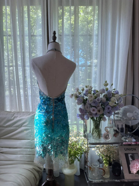 Shiny Homecoming Dress Halter Sequins Dress Back to School Outfits Party Dress D6436
